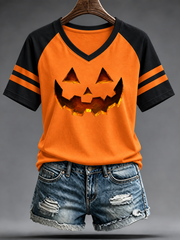 Women's Halloween pumpkin face striped printed short-sleeved T-shirt