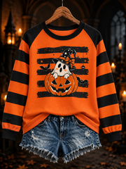Women's Halloween pumpkin face striped printed raglan sleeve sweatshirt