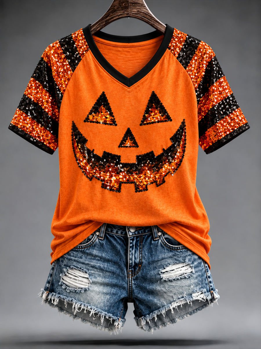 Women's Halloween pumpkin face striped printed V-neck off-shoulder short-sleeved T-shirt