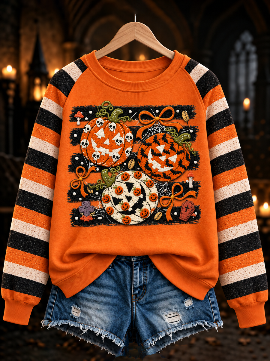 Women's Halloween pumpkin face striped printed raglan sleeve sweatshirt