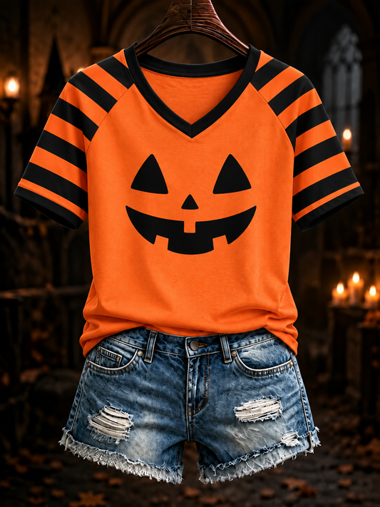 Women's Halloween pumpkin face striped printed V-neck off-shoulder short-sleeved T-shirt