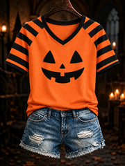 Women's Halloween pumpkin face striped printed V-neck off-shoulder short-sleeved T-shirt