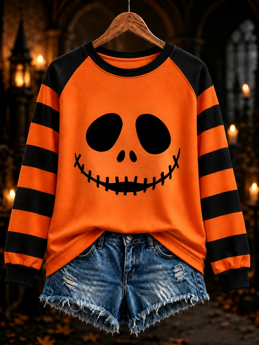 Women's Halloween pumpkin face striped printed raglan sleeve sweatshirt