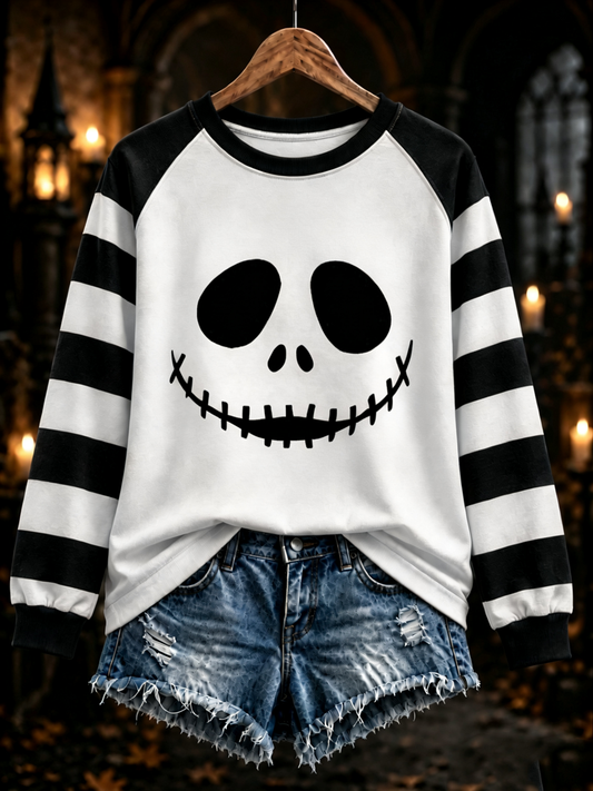 Women's Halloween pumpkin face striped printed raglan sleeve sweatshirt
