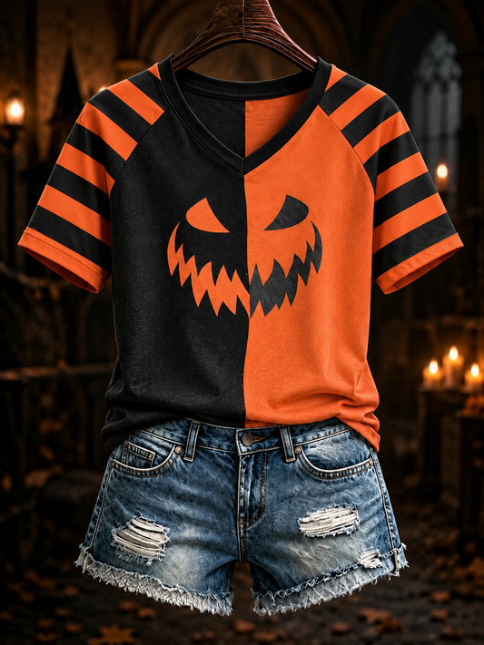Women's Halloween pumpkin face striped printed V-neck off-shoulder short-sleeved T-shirt