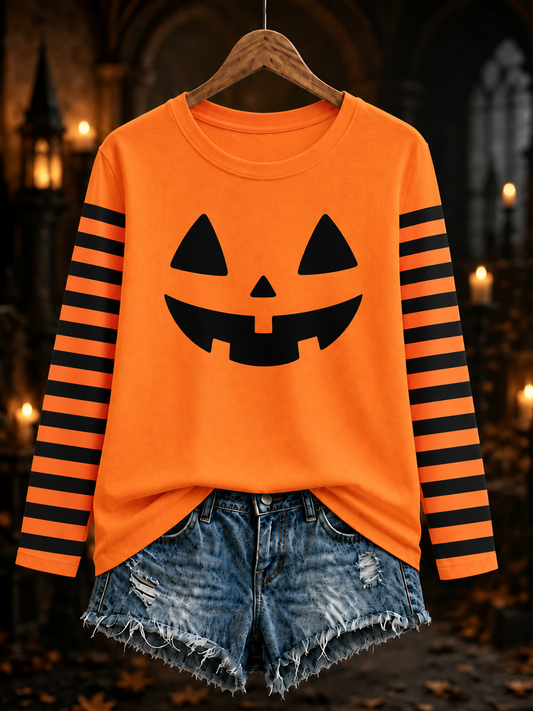 Women's Halloween pumpkin face striped printed Round neck long sleeve T-shirt