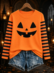 Women's Halloween pumpkin face striped printed Round neck long sleeve T-shirt