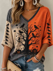 Women's Retro Halloween Gothic Ghost Tree Mid-length Sleeves V-Neck T-Shirt