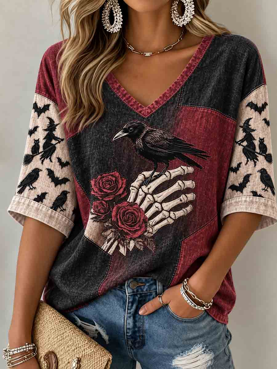 Women's Halloween Gothic Raven & Skeleton Hand  Mid-length Sleeves V-Neck T-Shirt