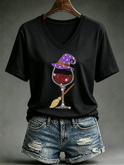 Women's Halloween Witch Wine Glass Short Sleeve T-Shirt