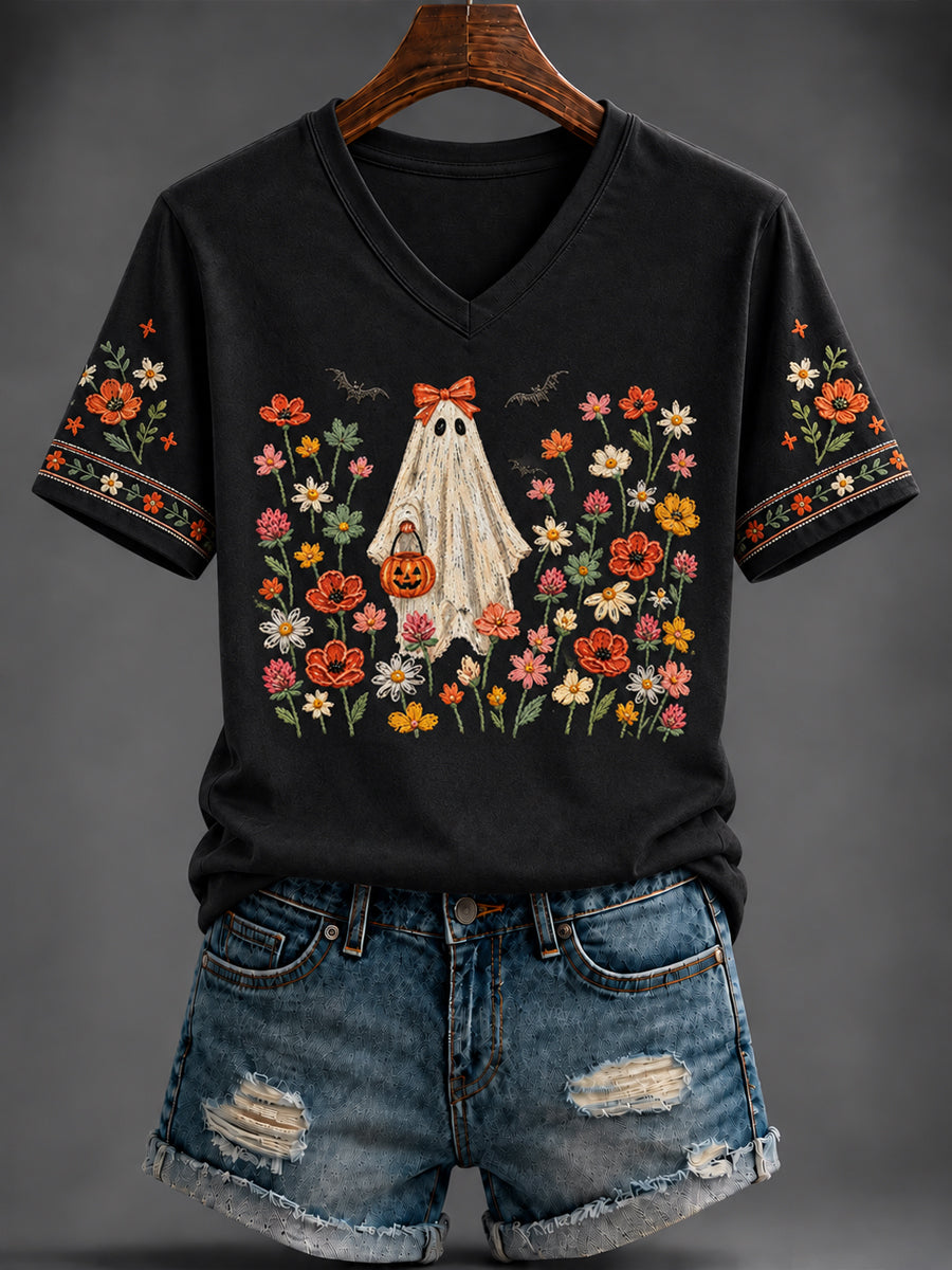 Women's Halloween Printed V-neck T-shirt