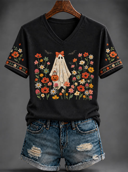 Women's Halloween Printed V-neck T-shirt