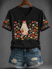 Women's Halloween Printed V-neck T-shirt