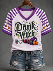 Women's Funny Halloween Drunk Witch Wine Glass Stripes Print Casual V-Neck Tee