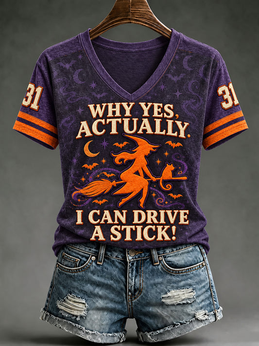 Women's Halloween Witch Why Yes Actually I Can Drive A Stick Short Sleeve T-shirt