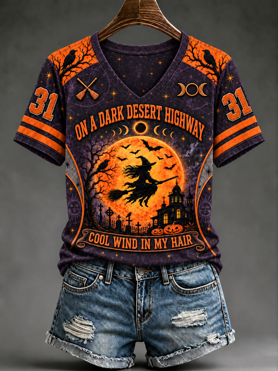 Women's Halloween Witch On A Dark Desert Highway Cool Wind In My Hair Short Sleeve T-shirt