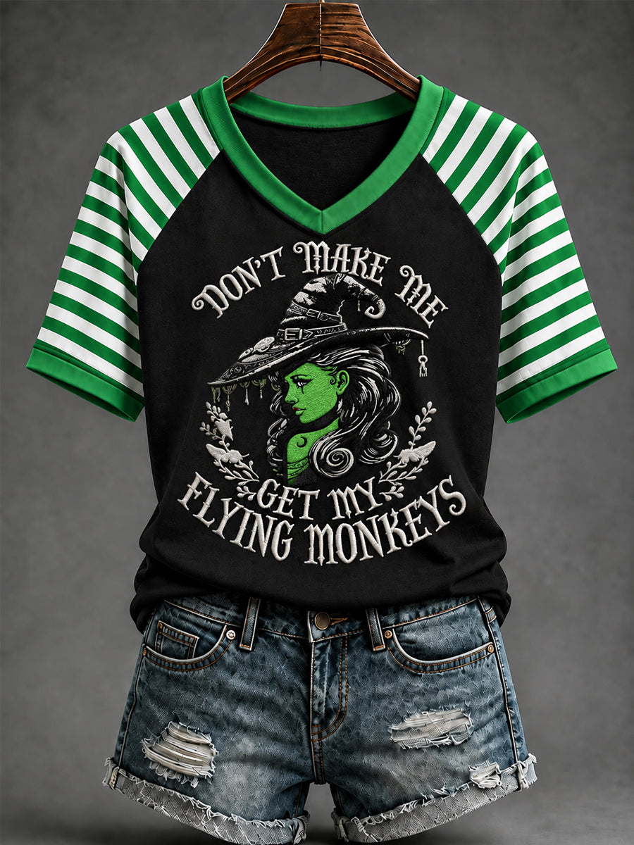 Women's Funny Halloween Don't Make Me Get My Flying Monkeys Stripes Print Casual V-Neck Tee