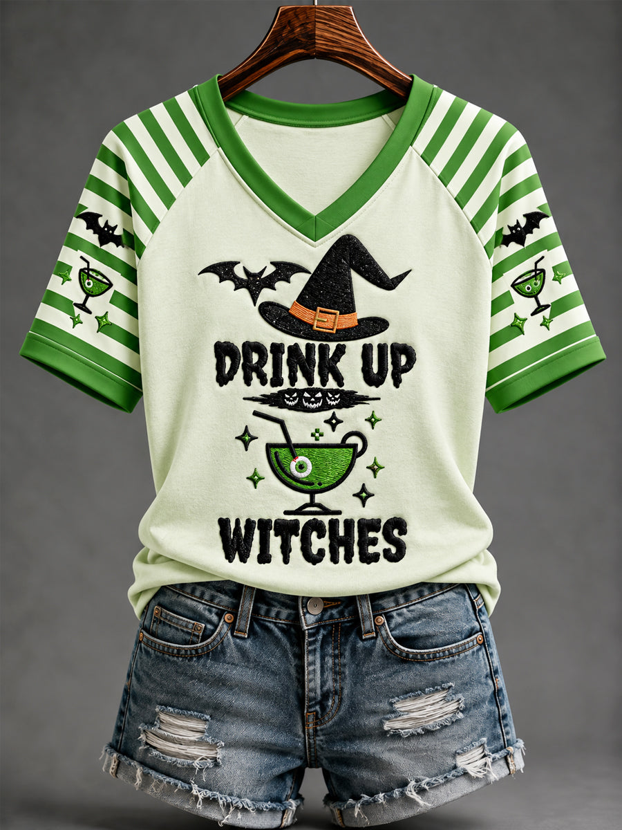 Women's Funny Halloween Drink Up Witches Wine Glass Stripes Print Casual V-Neck Tee