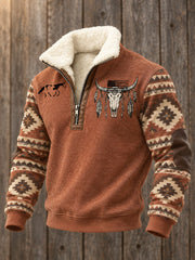 Men's Retro Western Print Plush Stand Collar Shirt