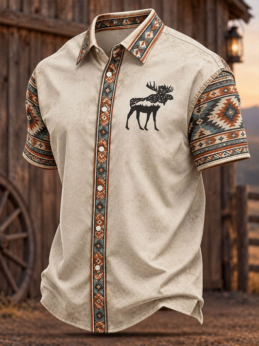 Men's Retro Western Print Short Sleeve Shirt