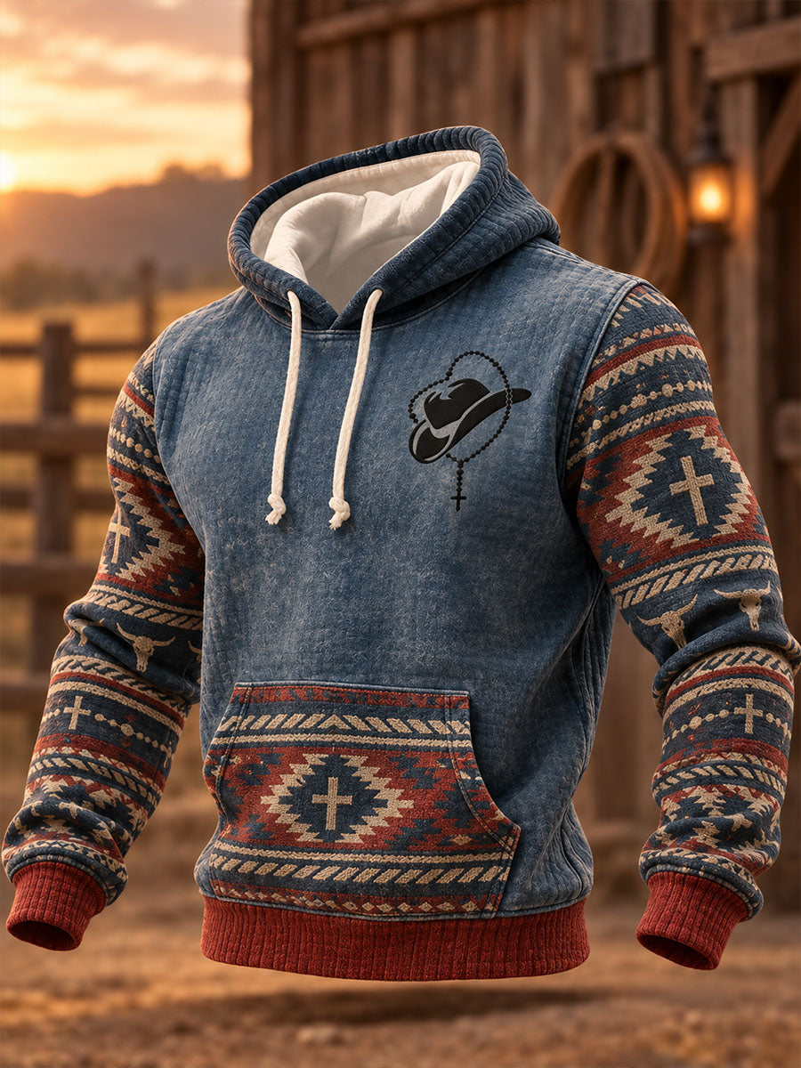 Men's Retro Western Print Checkered Cotton Hoodie