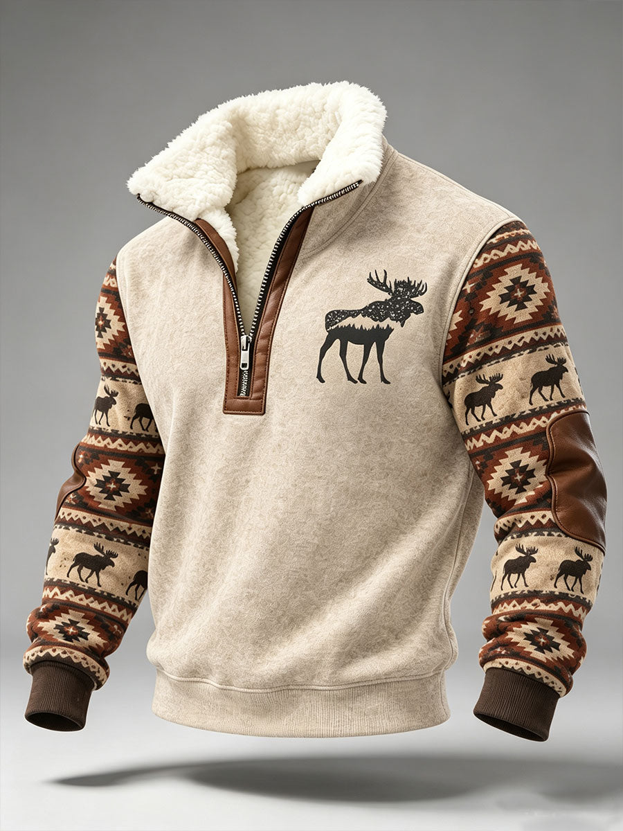 Men's Retro Western Print Plush Stand Collar Shirt