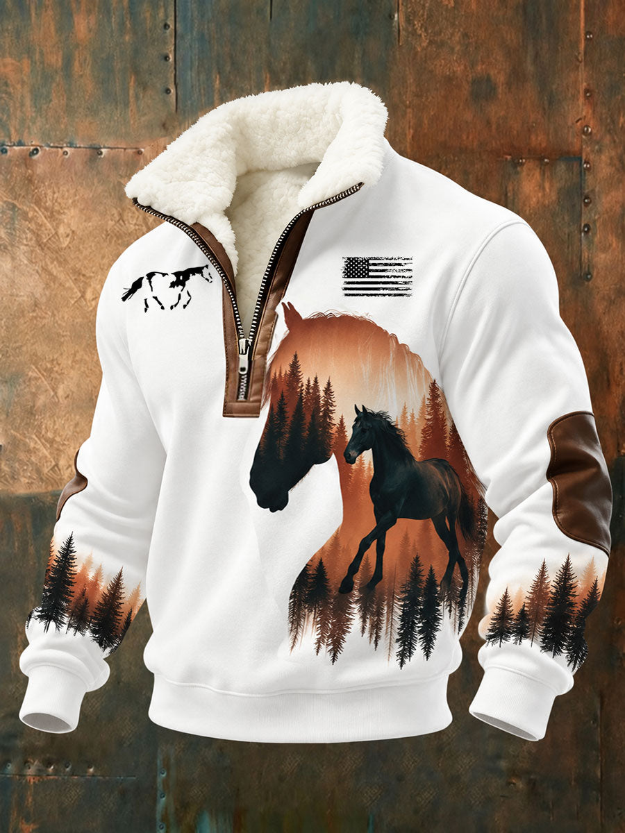 Men's Retro Western Horse Print Plush Stand Collar Shirt