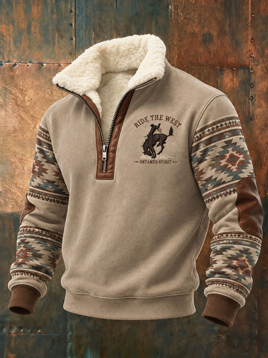 Men's Retro Western Print Plush Stand Collar Shirt