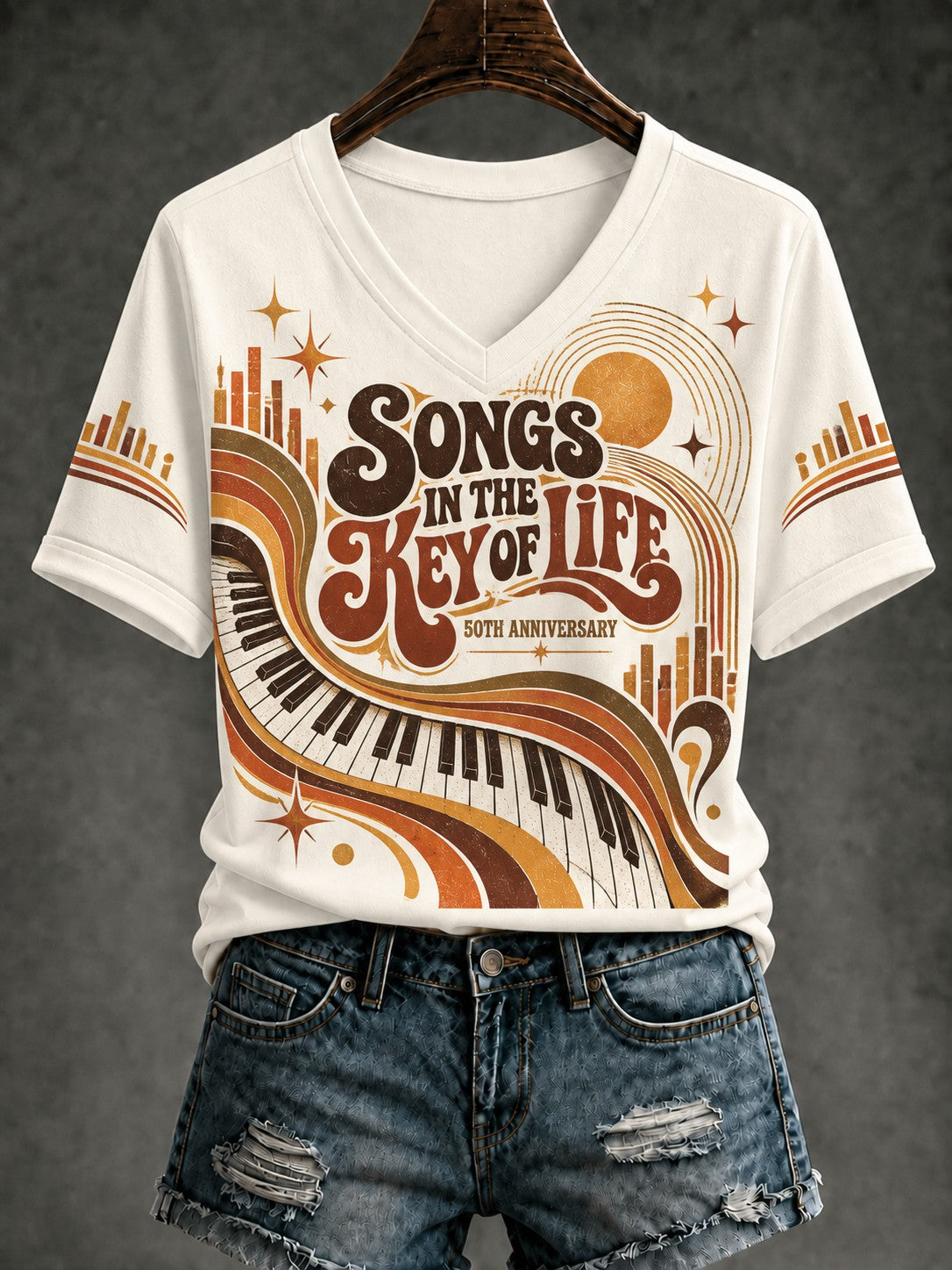 Women's 50 Years Of Songs In The Key Of Life Printed V-neck T-Shirt