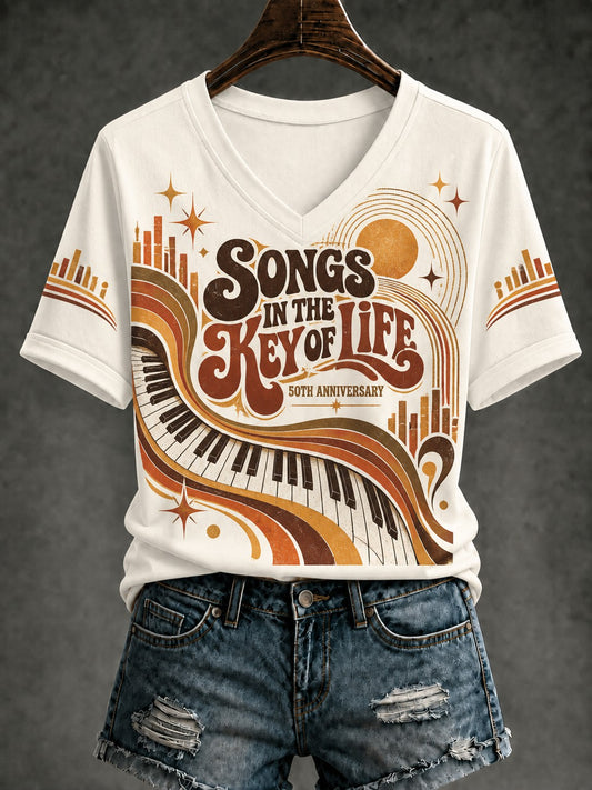 Women's 50 Years Of Songs In The Key Of Life Printed V-neck T-Shirt