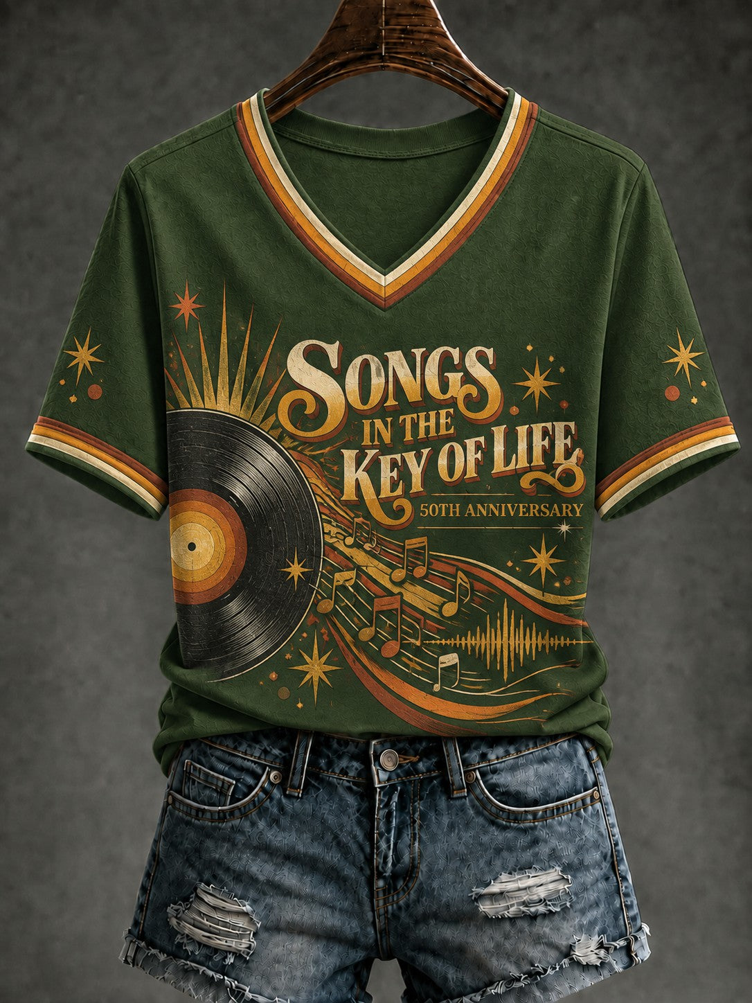 Women's 50 Years Of Songs In The Key Of Life Printed V-neck T-Shirt