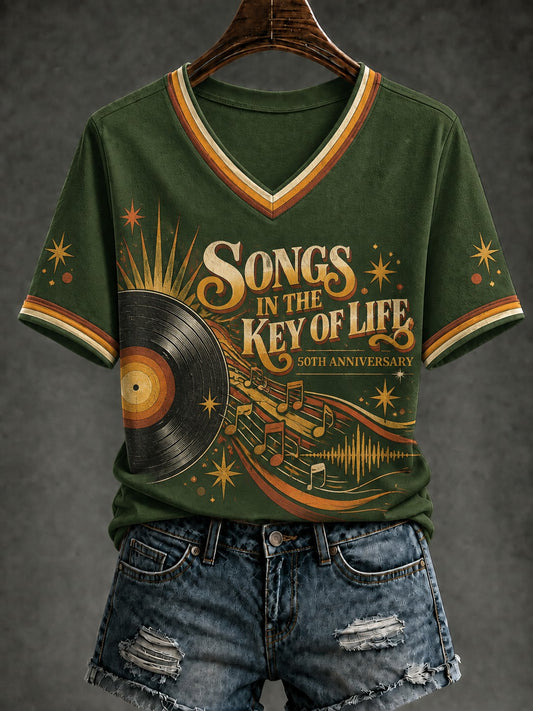 Women's 50 Years Of Songs In The Key Of Life Printed V-neck T-Shirt
