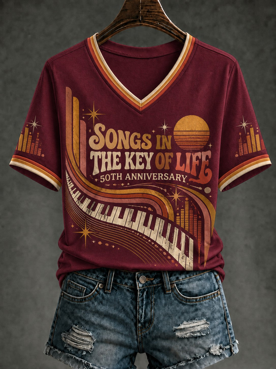 Women's 50 Years Of Songs In The Key Of Life Printed V-neck T-Shirt