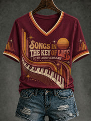 Women's 50 Years Of Songs In The Key Of Life Printed V-neck T-Shirt