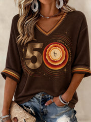 Women's 50 Years Of Songs In The Key Of Life Printed Mid-length Sleeves V-neck T-shirt
