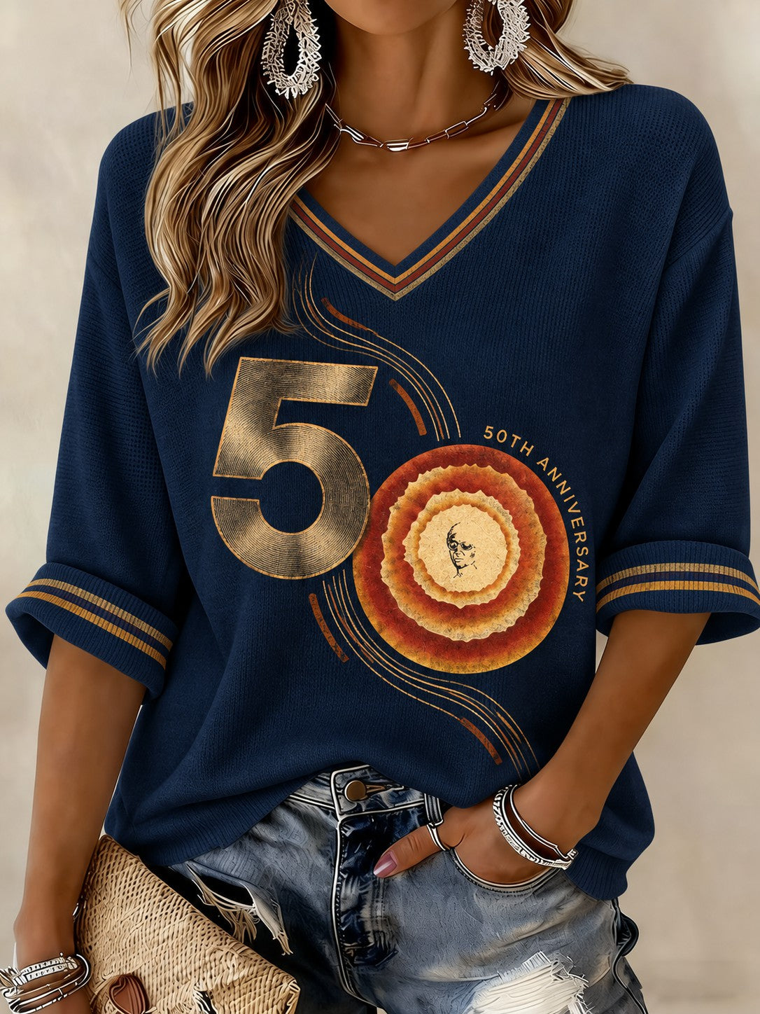 Women's 50 Years Of Songs In The Key Of Life Printed Mid-length Sleeves V-neck T-shirt