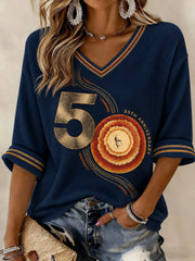Women's 50 Years Of Songs In The Key Of Life Printed Mid-length Sleeves V-neck T-shirt