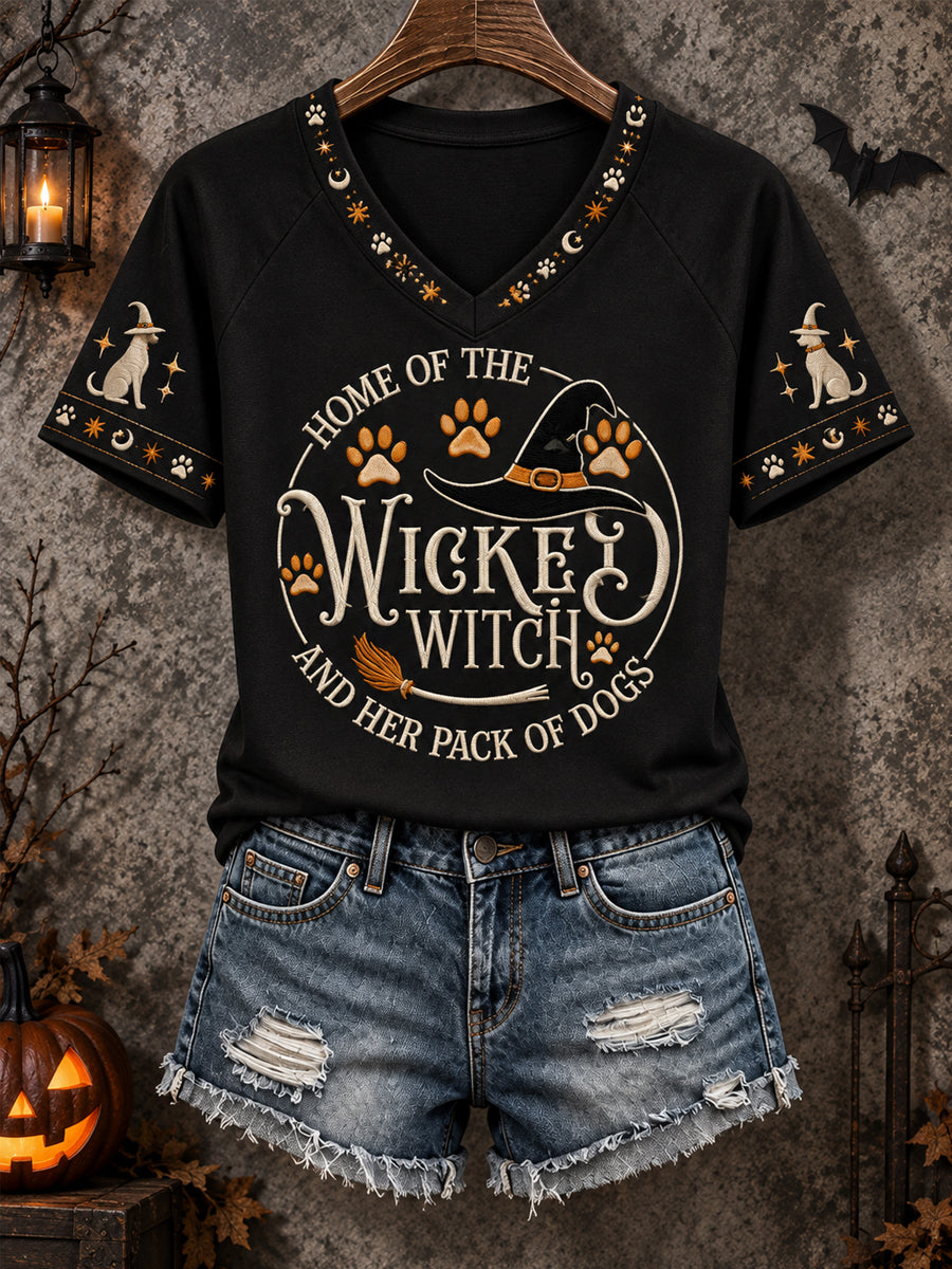 Women's Funny Halloween Home Of The Wicked Witch And Her Pack Of Dogs Print Casual V-Neck Tee