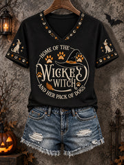 Women's Funny Halloween Home Of The Wicked Witch And Her Pack Of Dogs Print Casual V-Neck Tee