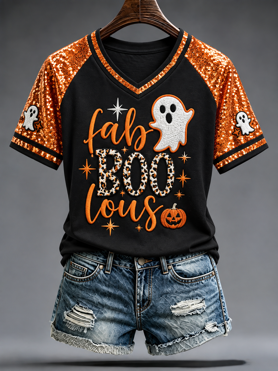 Women's Faboolous Halloween Printed V-neck off-shoulder short-sleeved T-shirt