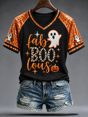 Women's Faboolous Halloween Printed V-neck off-shoulder short-sleeved T-shirt