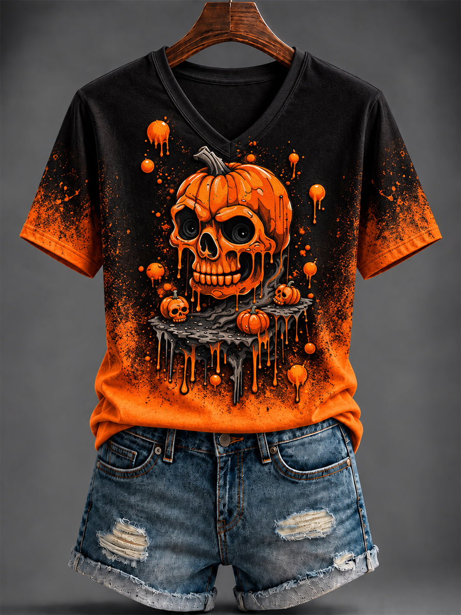 Women's Halloween Printed V-neck T-shirt