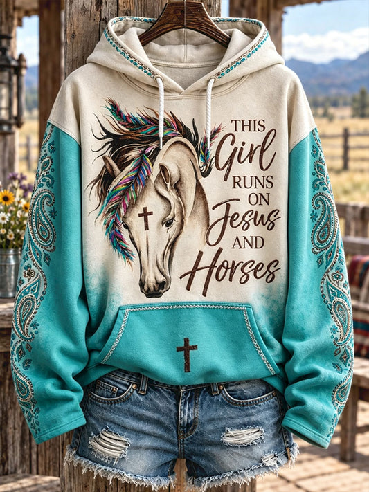 Women's Western Style Horses Faith Lover Art Printed Hoodie