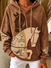 Women's Retro Horse Print Drawstring Hoodie