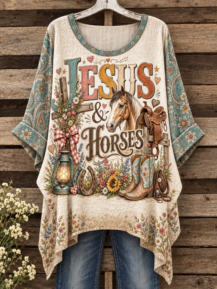 Women's Western Style Horses Faith Lover Art Printed Tops