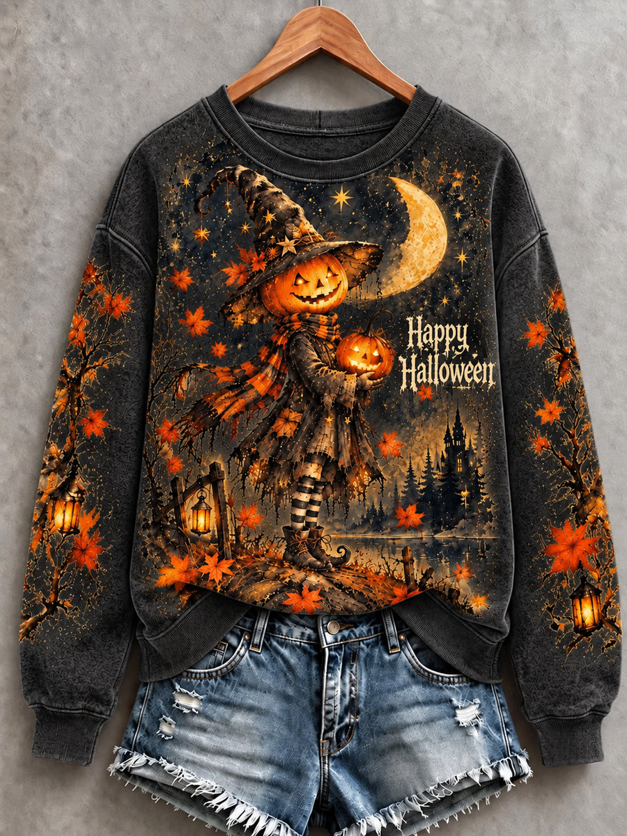 Women's Halloween Pumpkin Witch Castle Art Crew Neck Sweatshirt